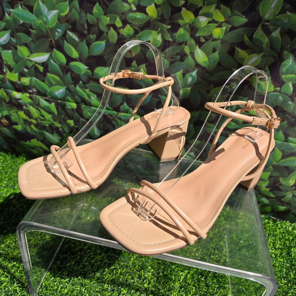 PrettyLittleThing Nude Block Heel Strappy Square Toe Sandals CND4382 Womens 9
